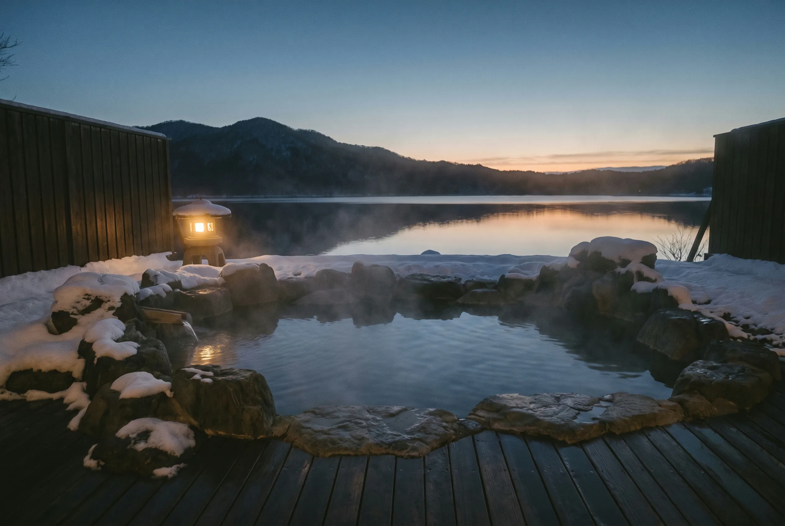 Outdoor onsen at dusk
