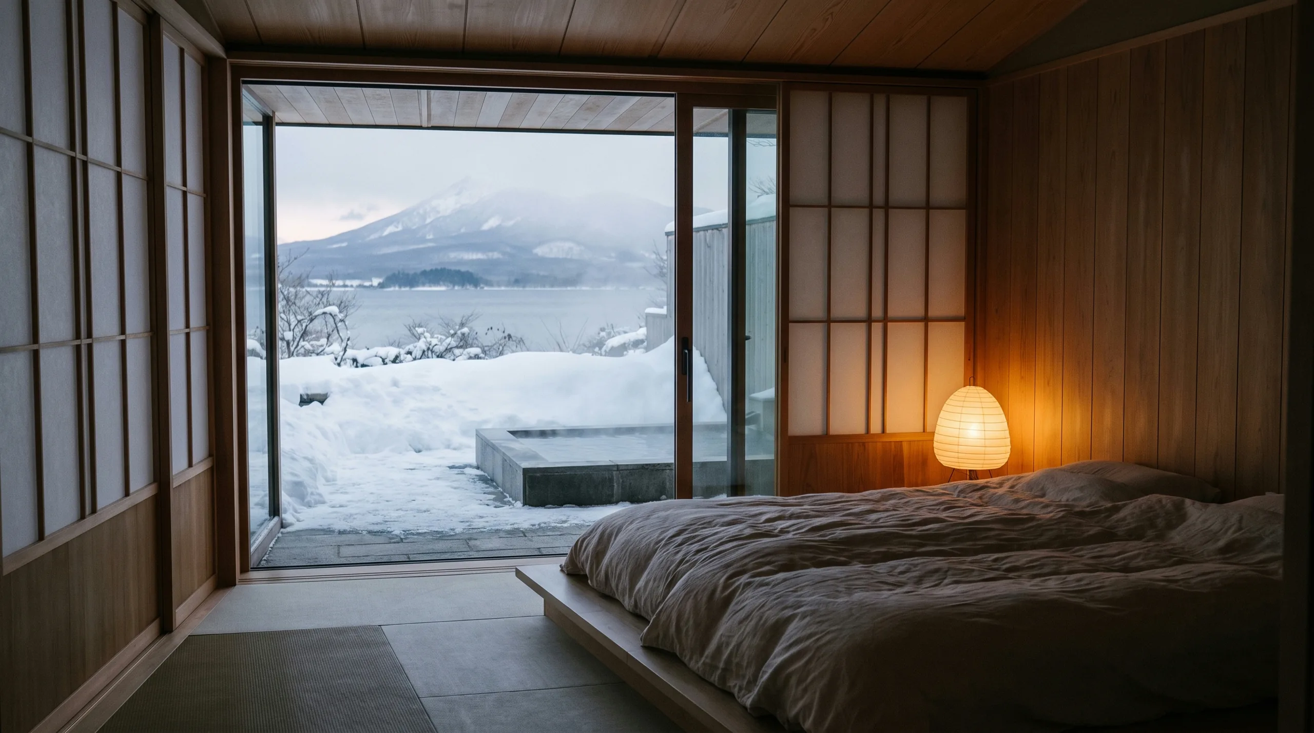 Villa bedroom opening onto a private onsen terrace